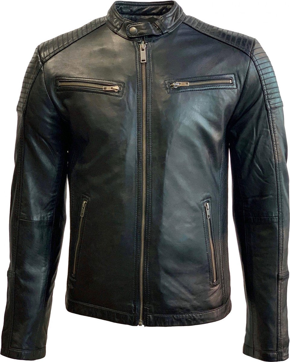 Leren heren jas met recht rits zwart-Moderno - XL