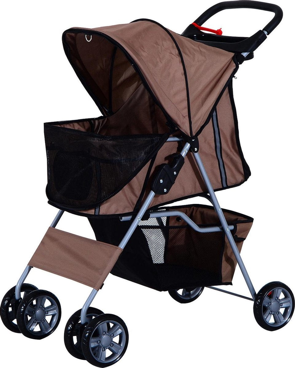 PawHut Hondenbuggy met zonnedak en opbergnet bruin 75 x 45 x 97cm