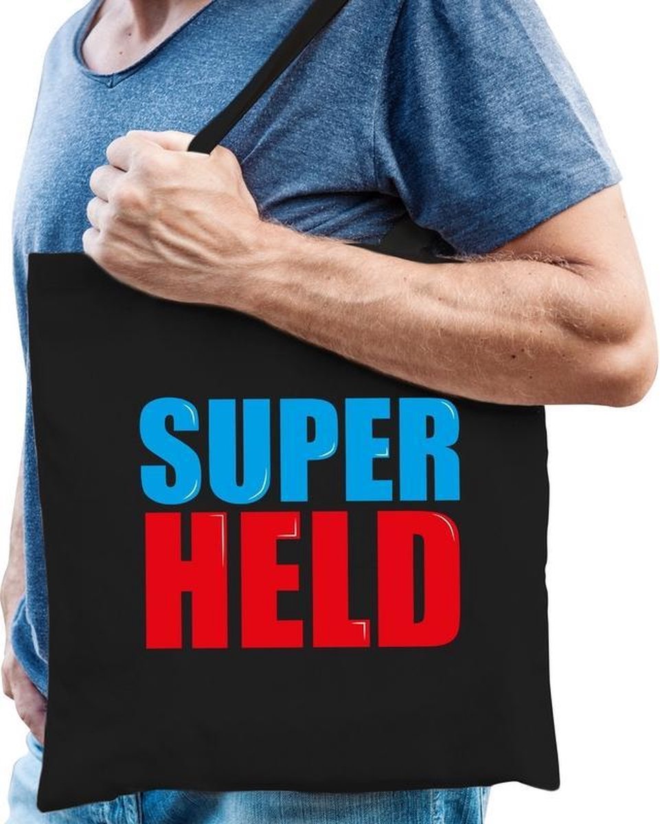 Super held cadeau tas zwart voor heren cadeau katoenen tas zwart voor heren - kado tas / tasje / shopper