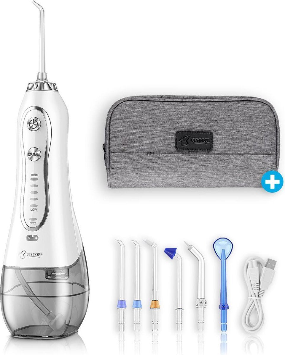 Bestope® - Draadloze Waterflosser - Waterdicht - 5 Veilige standen - 6 Opzetstukken - 300ml Tank - Zwart