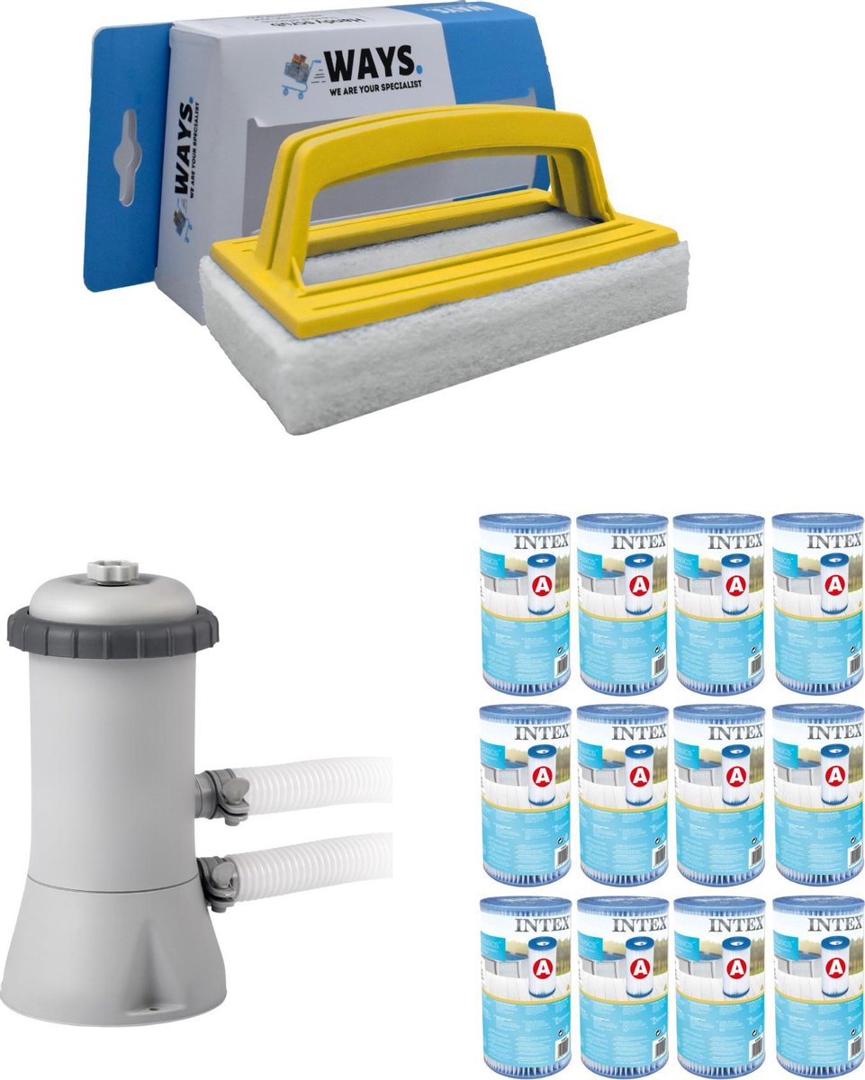 WAYS - Zwembad Onderhoud - Intex Filterpomp 28604GS & 12 Intex Filters Type A & WAYS Handy Scrubborstel