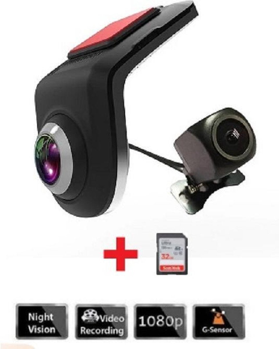 Dashcam Zinklegering Night Vision HD Loop Opname 1080P USB + 32GB SD + WiFi ADAS Dual camera