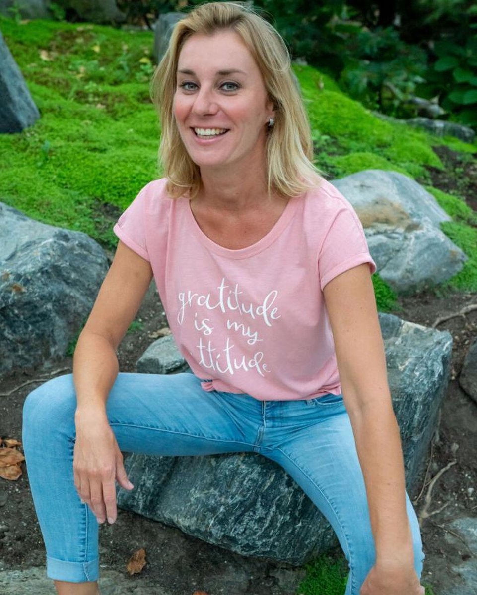 Yogashirt Gratitude Biokatoen Pink Korte Mouwen - XL