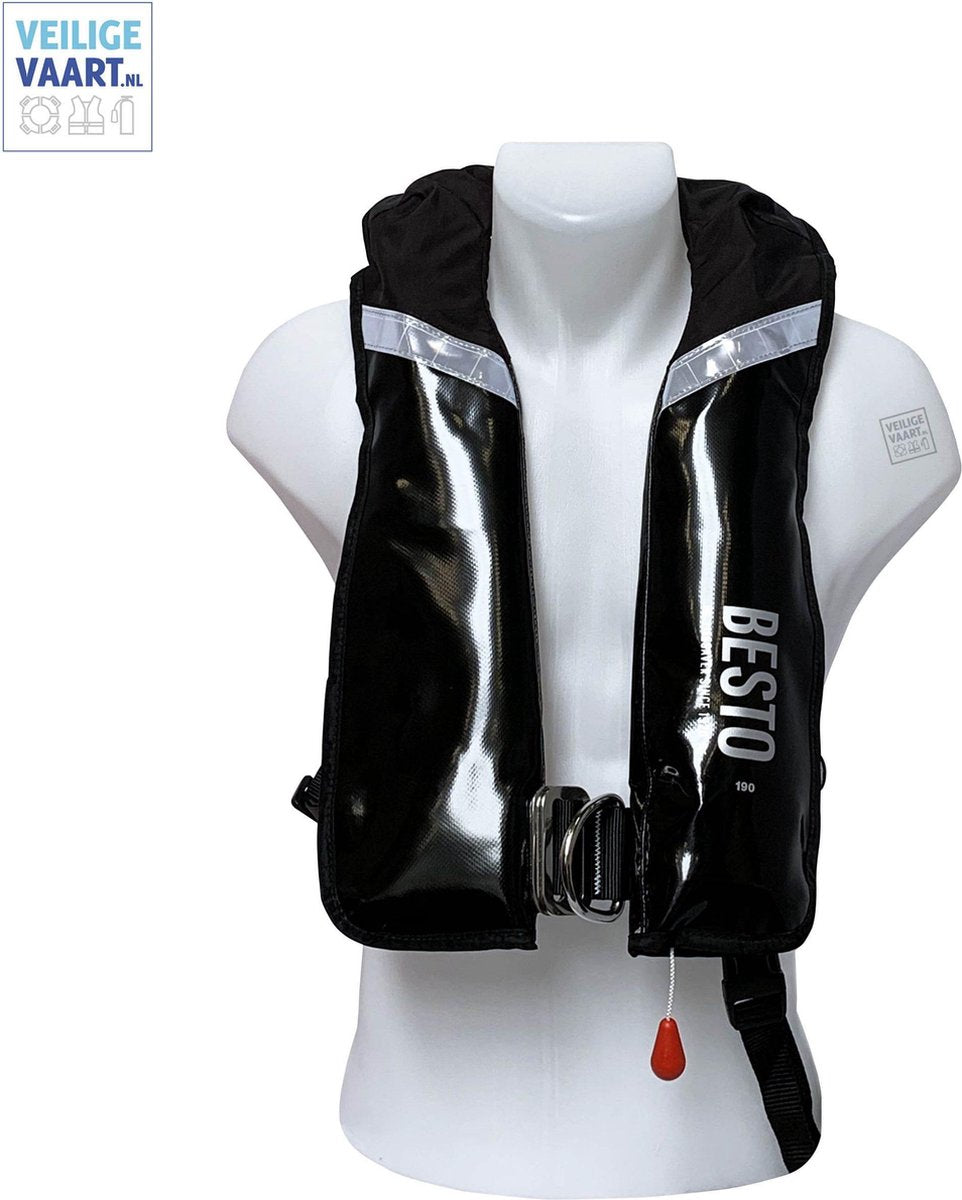Besto Wipe Clean | Auto Opblaasbaar reddingsvest | 190N | Met Harnas | Zwart