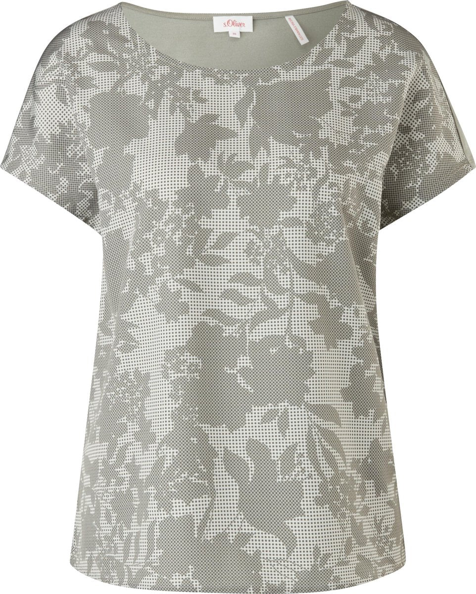 s.Oliver Dames Shirt Korte Mouw - Losse Pasvorm - Brede Halslijn - Groen met Bloemenprint - Maat L (40)
