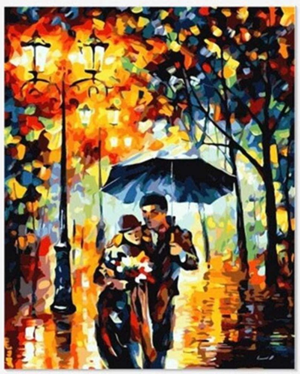 Schilderen op Nummer Volwassenen - 40x50 cm - Portret - Verliefd Paar - Paraplu - Paint by Number - Hobby Pakket - Met 3 kwasten - Zonder lijst - Met ophanghaakjes