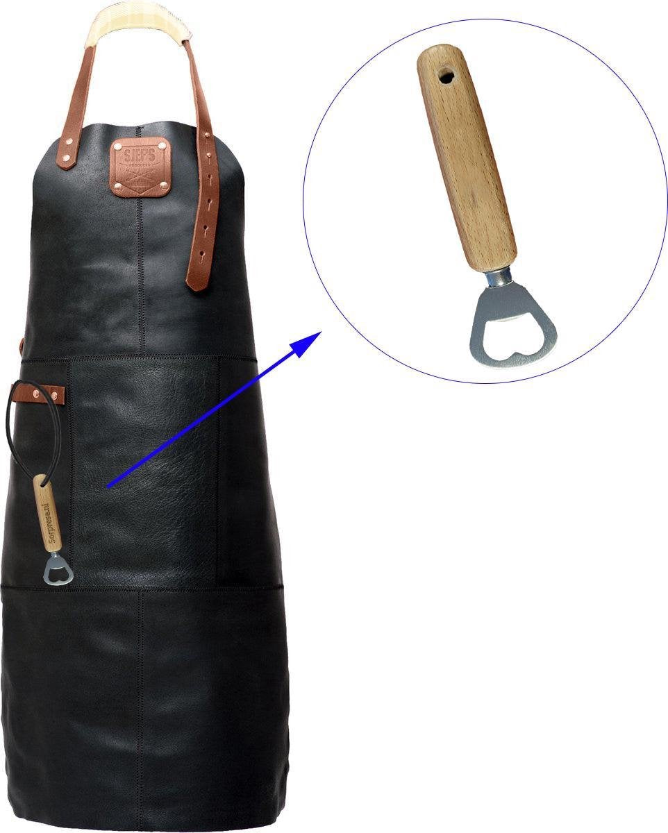 Sorprese Premium – bbq schort – zwart-bruin creme – bbq schort mannen – 100% premium leder – inclusief flessenopener - bbq schort leer man