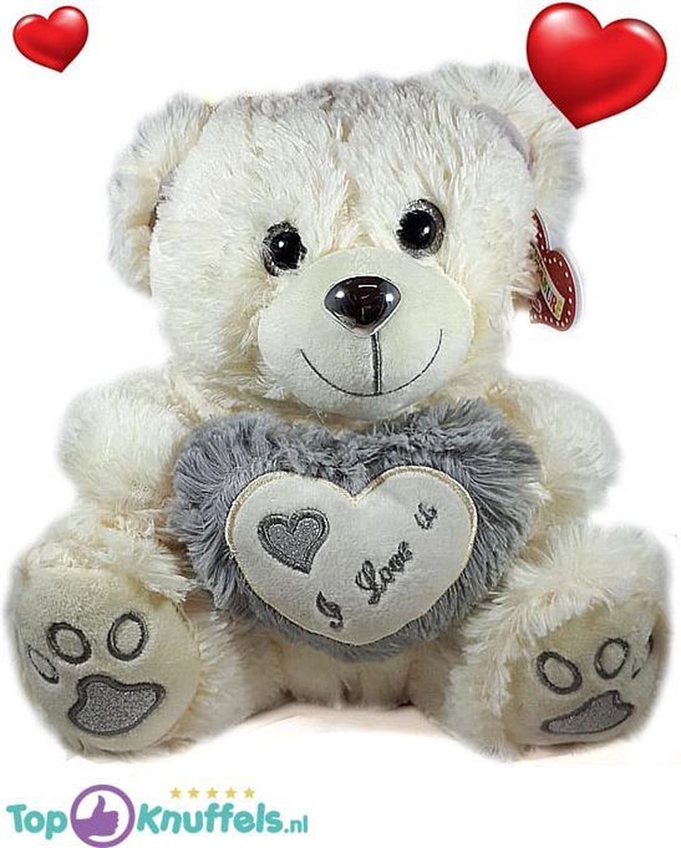Teddybeer wit met wit/grijs hart '' I Love U '' 32 cm | knuffelbeer pluche knuffel love beer | Ik Hou Van Jou / I Love You bear | Beertje met hart liefde | Beertje met hartje 32cm | Cadeau | Valentijn kado vrouw man