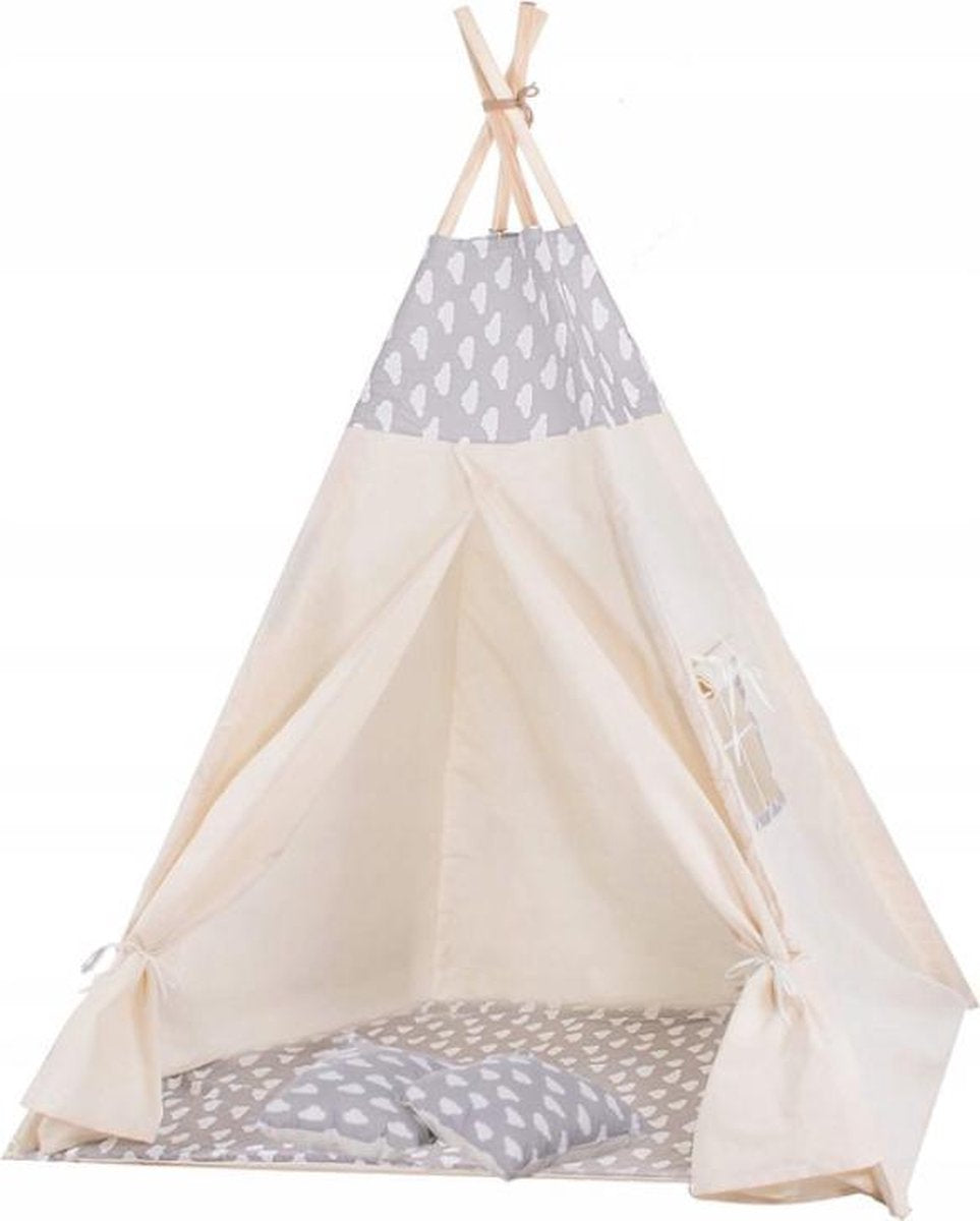 Springos Tipi Tent | Wigwam Speeltent | 120x100x180 cm | Met Mat en Kussens | Naturel Grijs | Wolken