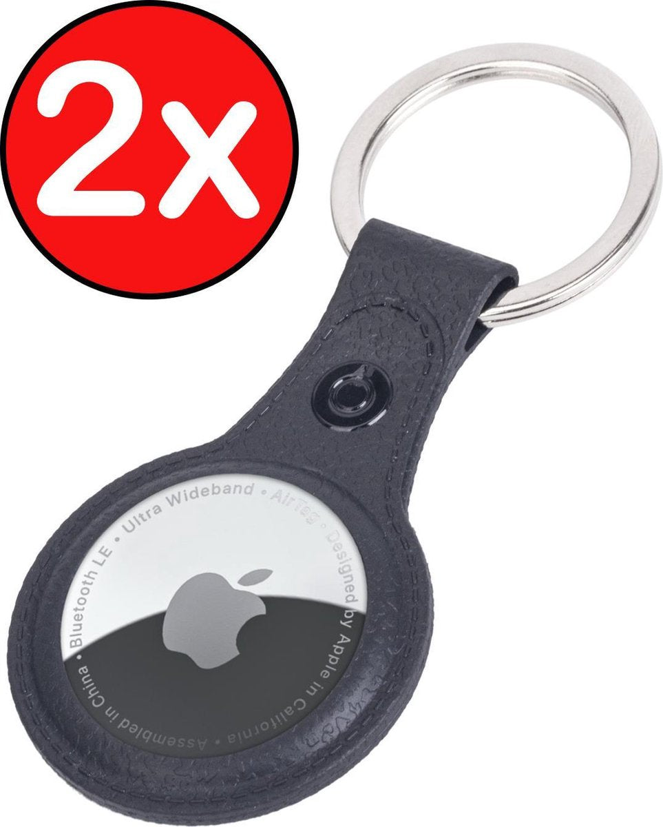 AirTag-Sleutelhanger AirTag Hoesje Leder Look Hanger - AirTag Hanger Sleutelhanger Hoesje - Zwart - 2 PACK
