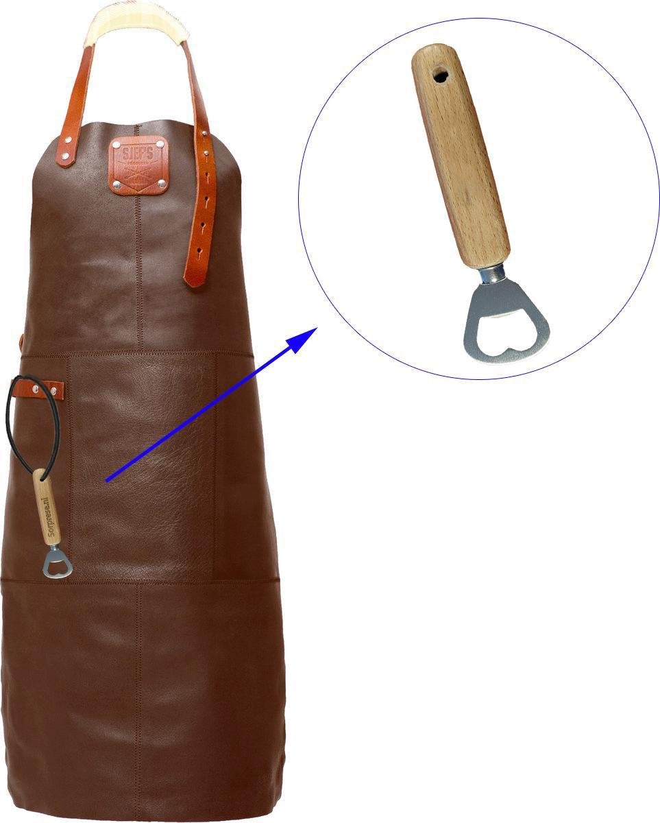 Sorprese Premium – bbq schort – bruin-cognac creme – bbq schort mannen – 100% premium leder – inclusief flessenopener - bbq schort leer man
