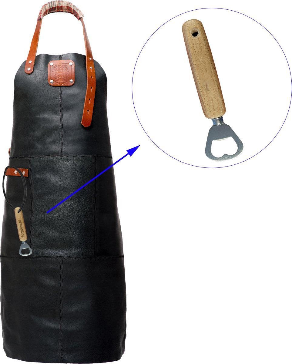 Sorprese Premium – bbq schort – zwart-cognac ruit – bbq schort mannen – 100% premium leder – inclusief flessenopener - bbq schort leer man