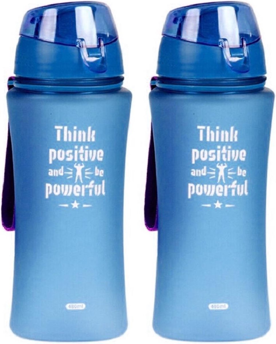 2x Sport Bidon drinkfles/waterfles Think Positive print blauw 480 Ml van Kunststof