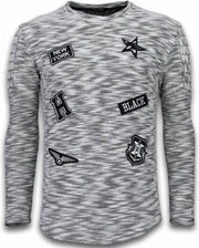 Enos Sweater Heren - Longsleeve - Long Fit Sweater - Patches Biker Sleeves - Zwart - Maten: M