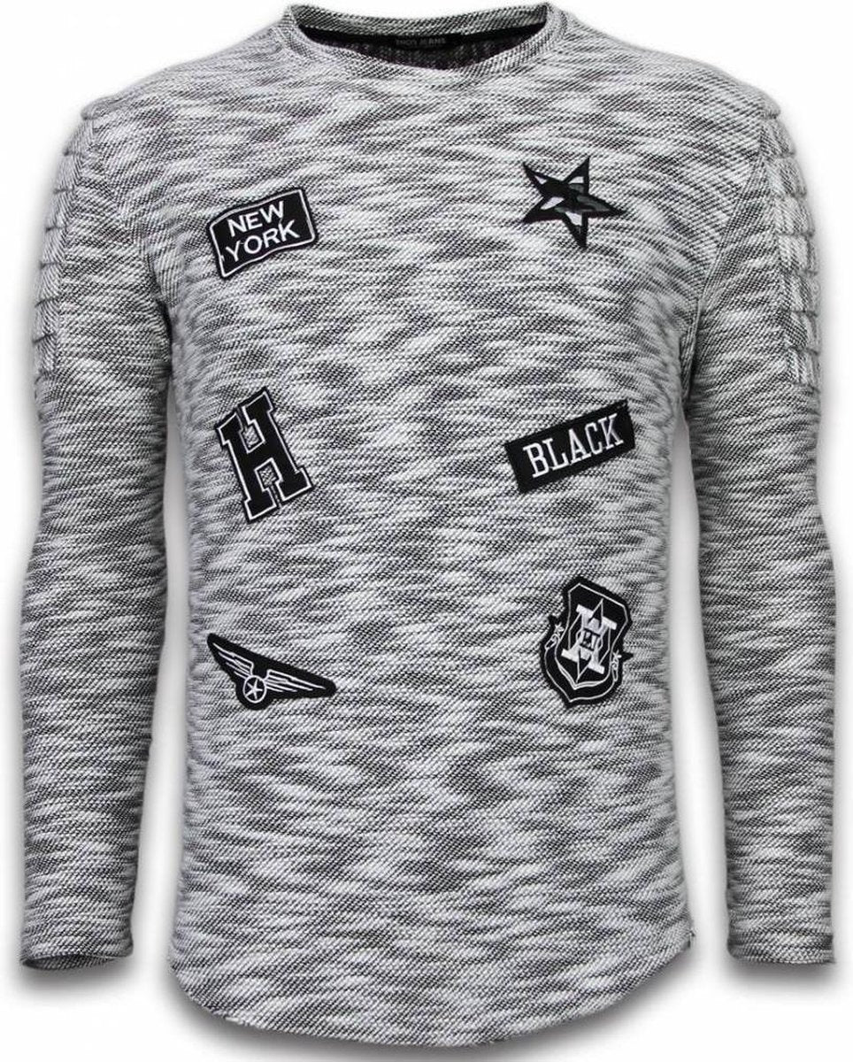 Enos Sweater Heren - Longsleeve - Long Fit Sweater - Patches Biker Sleeves - Zwart - Maten: M
