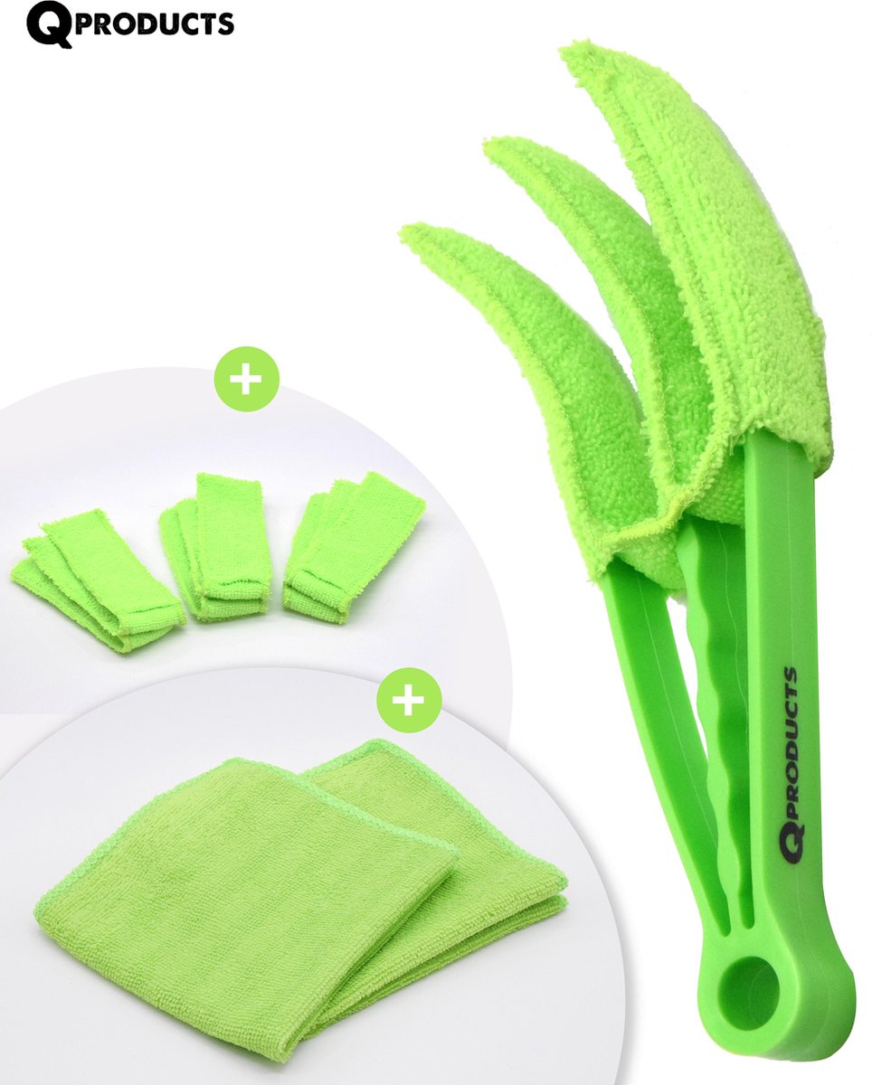 Qproducts Jaloezie Reiniger + 4 Doekjes & 2 Microvezeldoeken - Luxaflex - Lamellen - Plumeau - Stof verwijderaar - Jaloezie stoffer - GROEN
