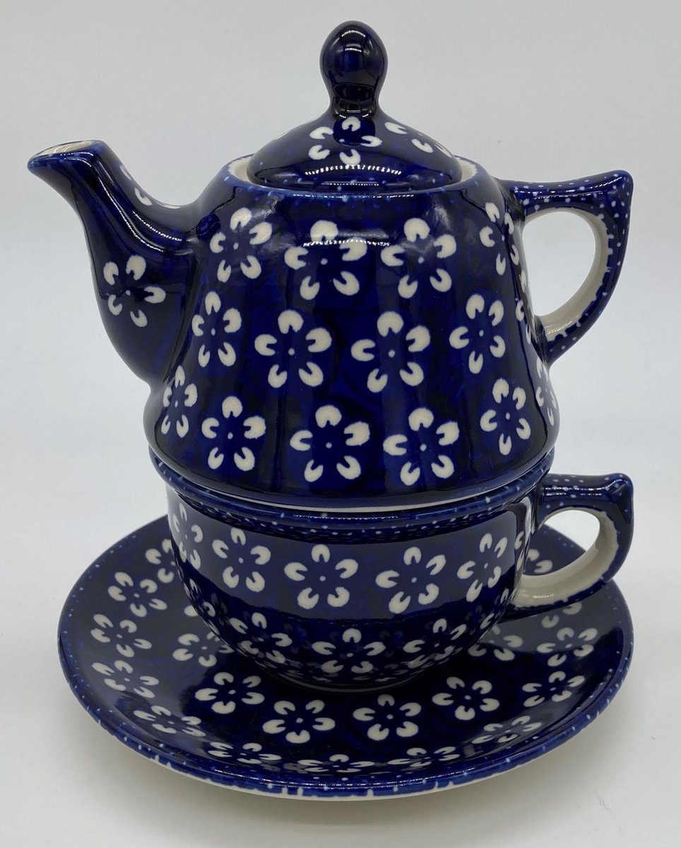 Bunzlau keramiek theepot met kop en schotel blauw met witte bloem