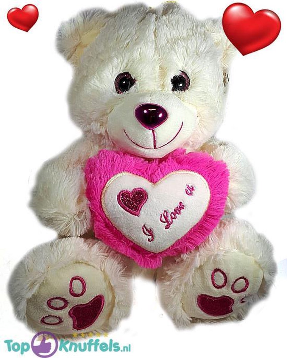 Witte Teddybeer met wit en donker roze hart ''I Love U'' 32 cm  | knuffelbeer pluche knuffel love beer | Ik Hou Van Jou / I Love You bear | Beertje met hart liefde | Baby plush beer met hartje 32cm
