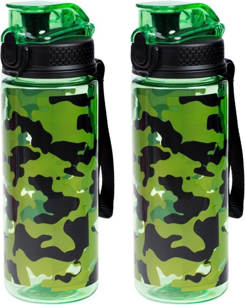 2x Sport Bidon drinkfles/waterfles camouflage print groen 600 ML