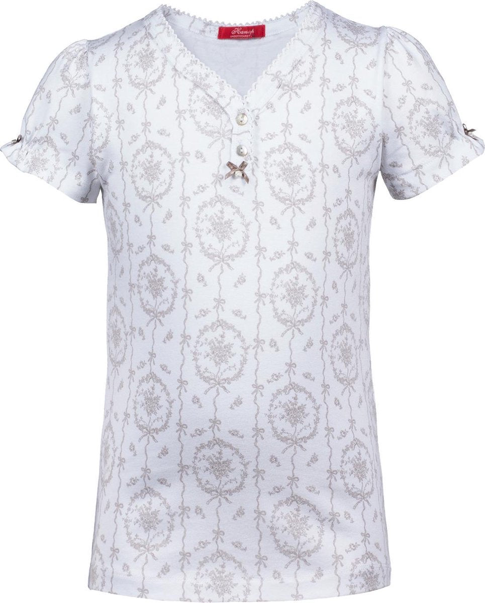 Exclusief Luxueus Kinder nachtkleding Luxe mooie zacht beige Girly Pyjama Top van Hanssop met verfijnde rand details en een stylish bijpassend strikje