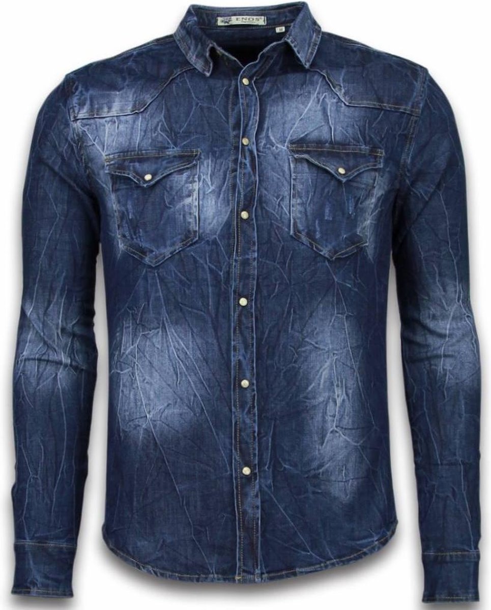 Enos Denim Shirt - Spijkerblouse Slim Fit - Vintage Washed - Blauw - Maat: S