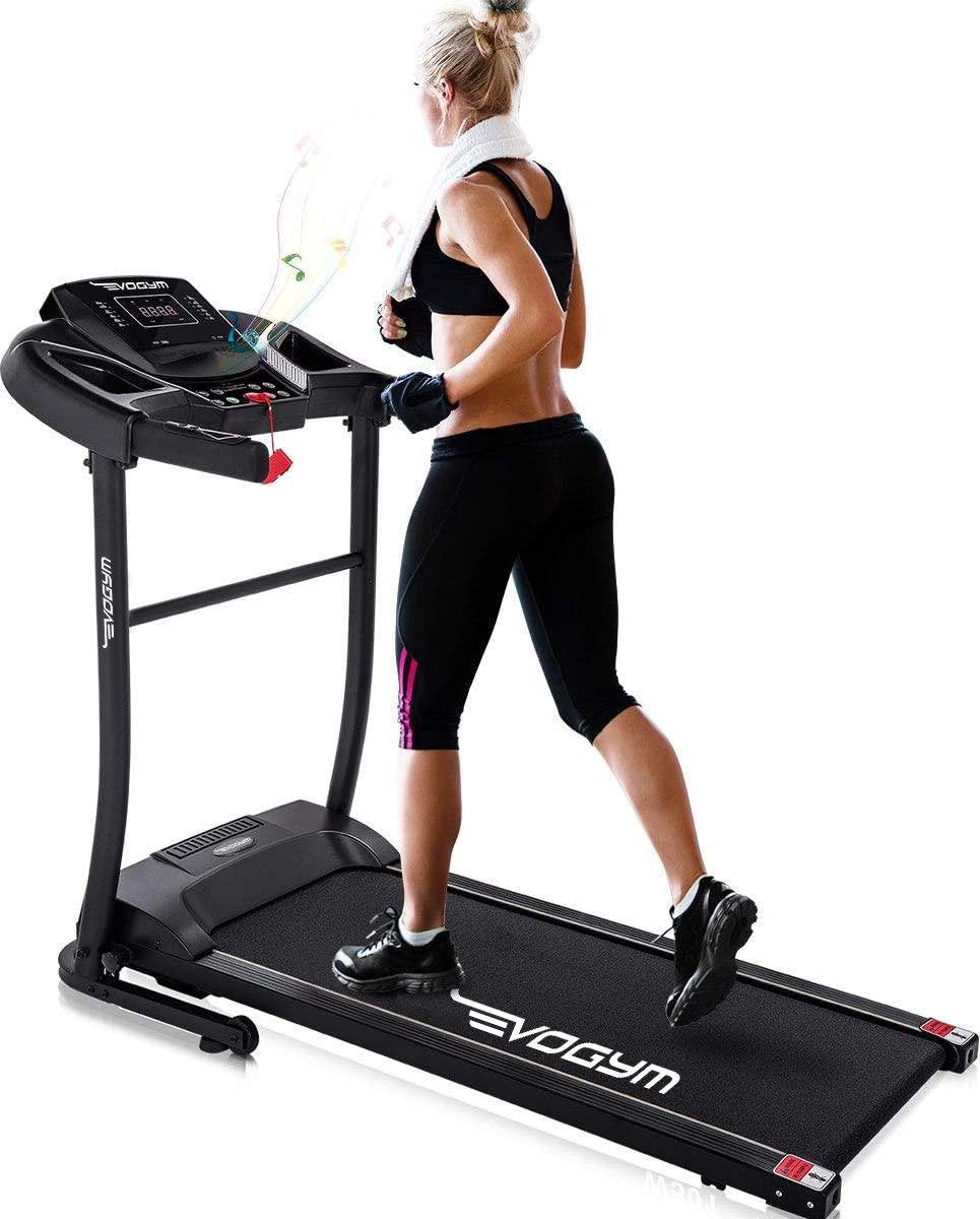 Luxe Loopband inklapbaar - Evogym R-50s hardloopband - Loopband fitness - Met Bluetooth Speakers - Hartslagmeting - USB oplader - iPad steun - Verstelbare hellingshoek - 12.8km/h - Inklapbaar - Nu met gratis vloerbescherming mat - Matzwart/ Wit