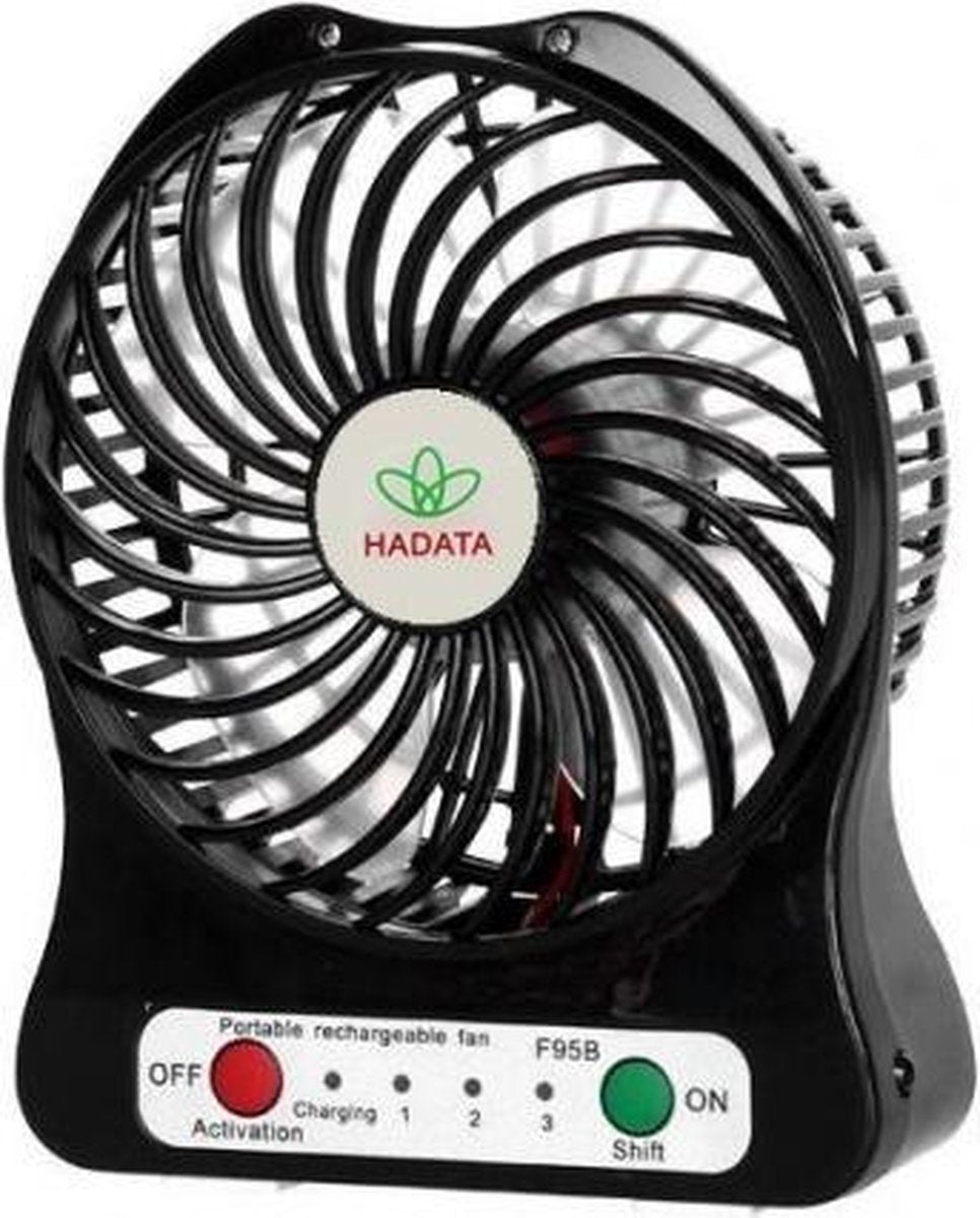 Draagbare oplaadbare LED-licht ventilator met accu en oplaadkabel - Zwart