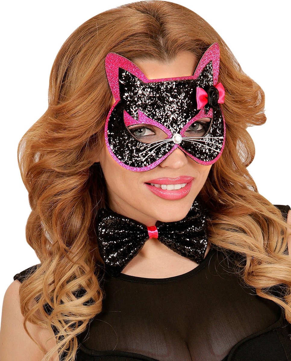 Zwarte kat met glitters masker voor volwassenen - Verkleedmasker