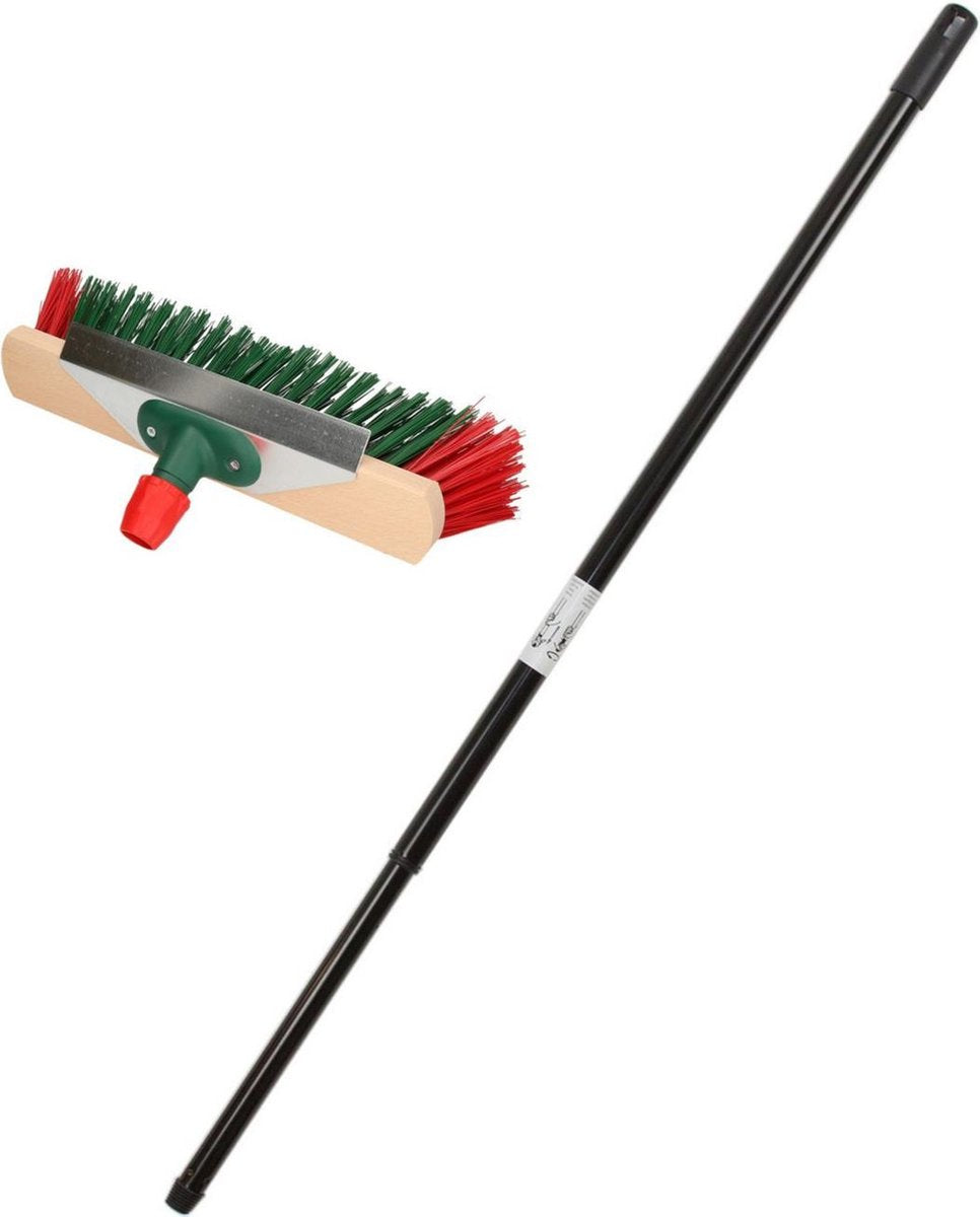 Houten straatbezem/buitenbezem elaston 40 cm met metalen telescoopsteel zwart 80 - 130 cm- Harde buitenbezems
