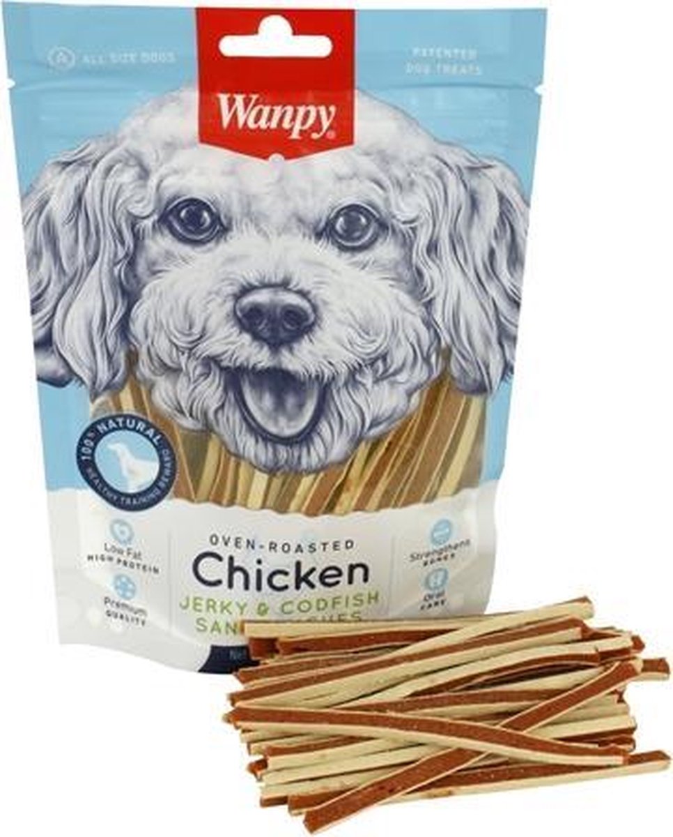Wanpy oven-roasted chicken jerky / codfish sandwiches - 100 gr - 1 stuks
