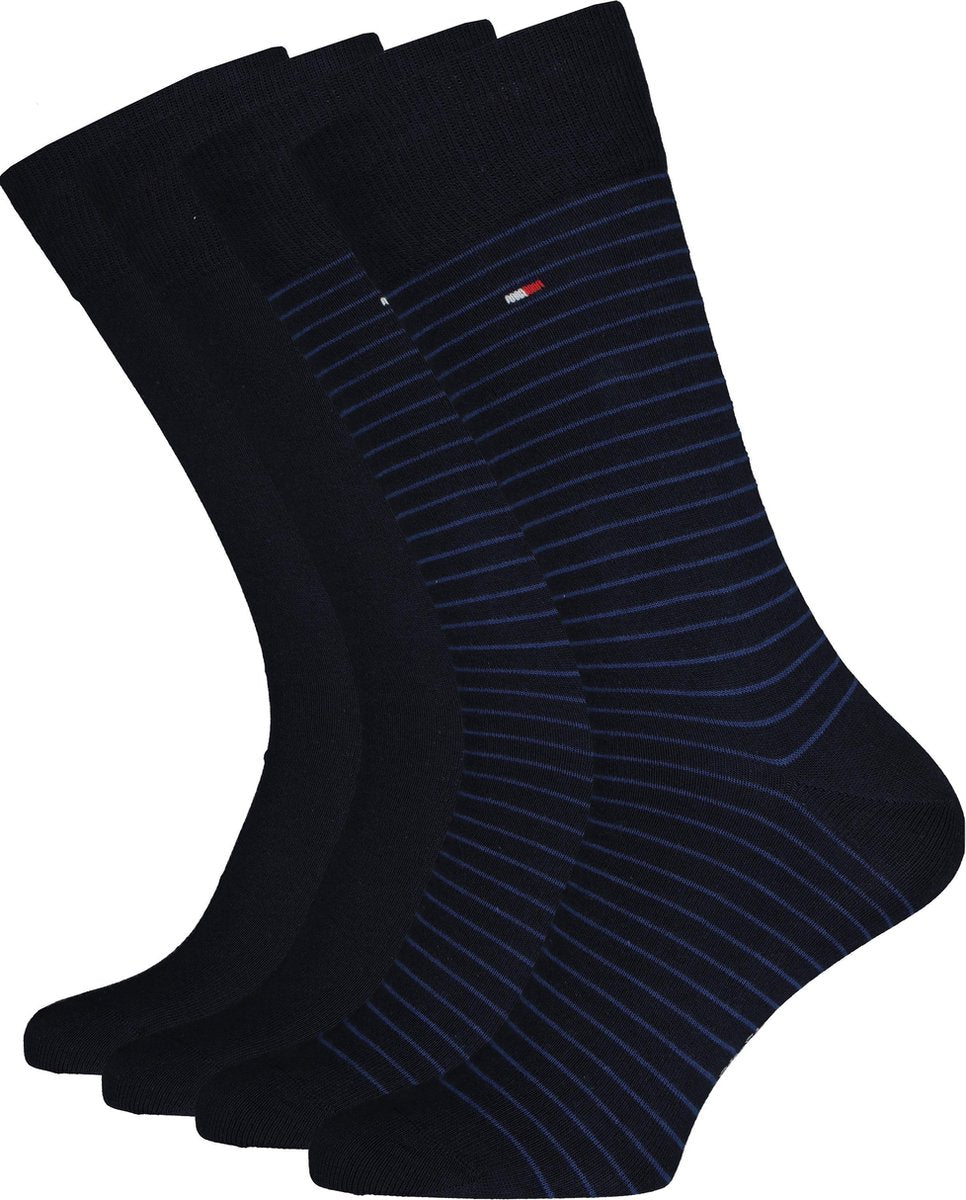 Tommy Hilfiger Small Stripe Socks (2-pack) - herensokken katoen - uni en gestreept - Tommy blauw -  Maat: 47-49