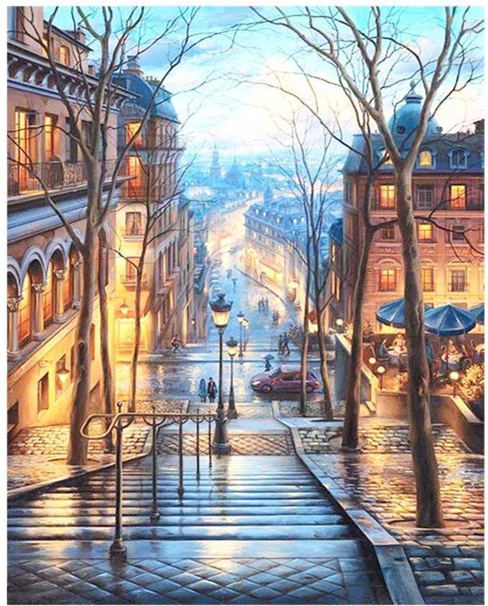 Streets of Paris - Schilderen op nummer - verven op nummer - kleuren op nummer - hobby pakket - paint by number - hobbypakket - 50x40cm - los canvasdoek