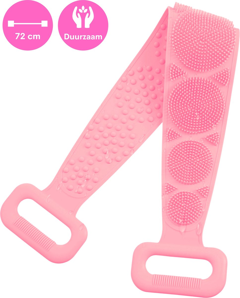 FLOOQ - Ergonomische Rug Scrubber – Dubbelzijdig Design - Doucheborstel – Lichaamsborstel – Massageborstel - Loofah – Rugborstel - Extra Lang – 72 cm – Zachte Borstels – Oneindig Herbruikbaar – Spons – Roze