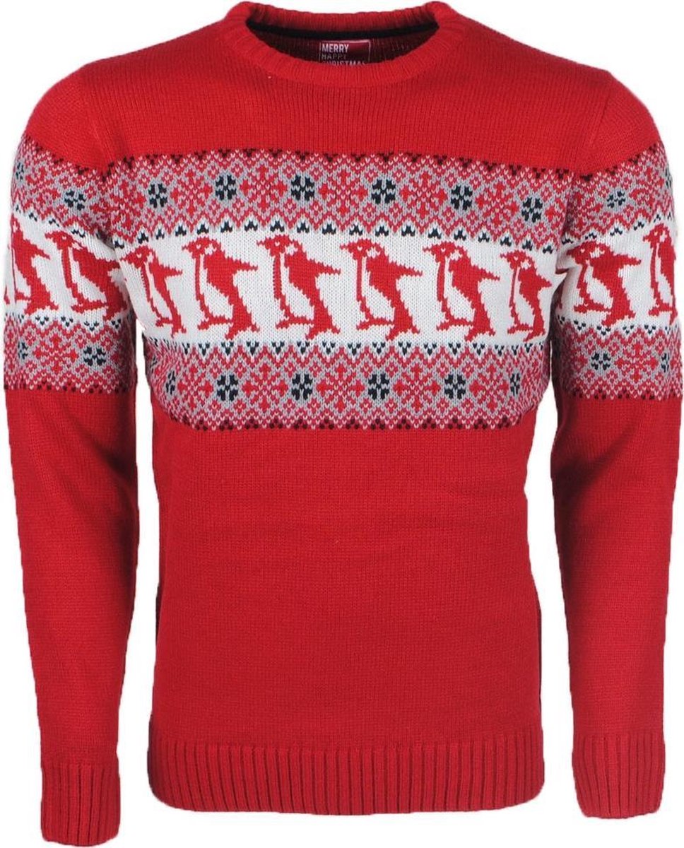 Unisex Kersttrui - Fijn Gebreid - Sochristmas - Pinquïn - Rood