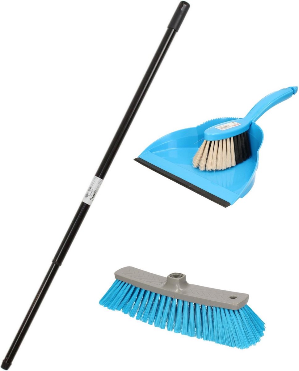 2-Delige schoonmaakset stoffer en blik met binnen bezem en telescoopsteel 130 cm blauw/zwart - zachte borstels
