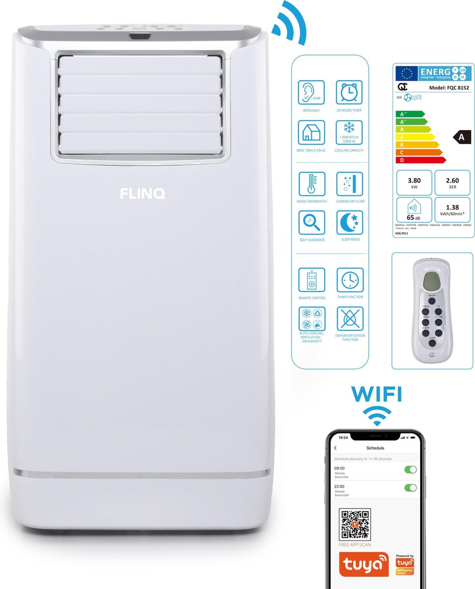 FlinQ Slimme Mobiele Airco 13000 BTU - Bestuurbaar via app en afstandsbediening - Koelt tot 50m2 - Stille slaapmodus - Amazon Alexa & Google Spraakbesturing