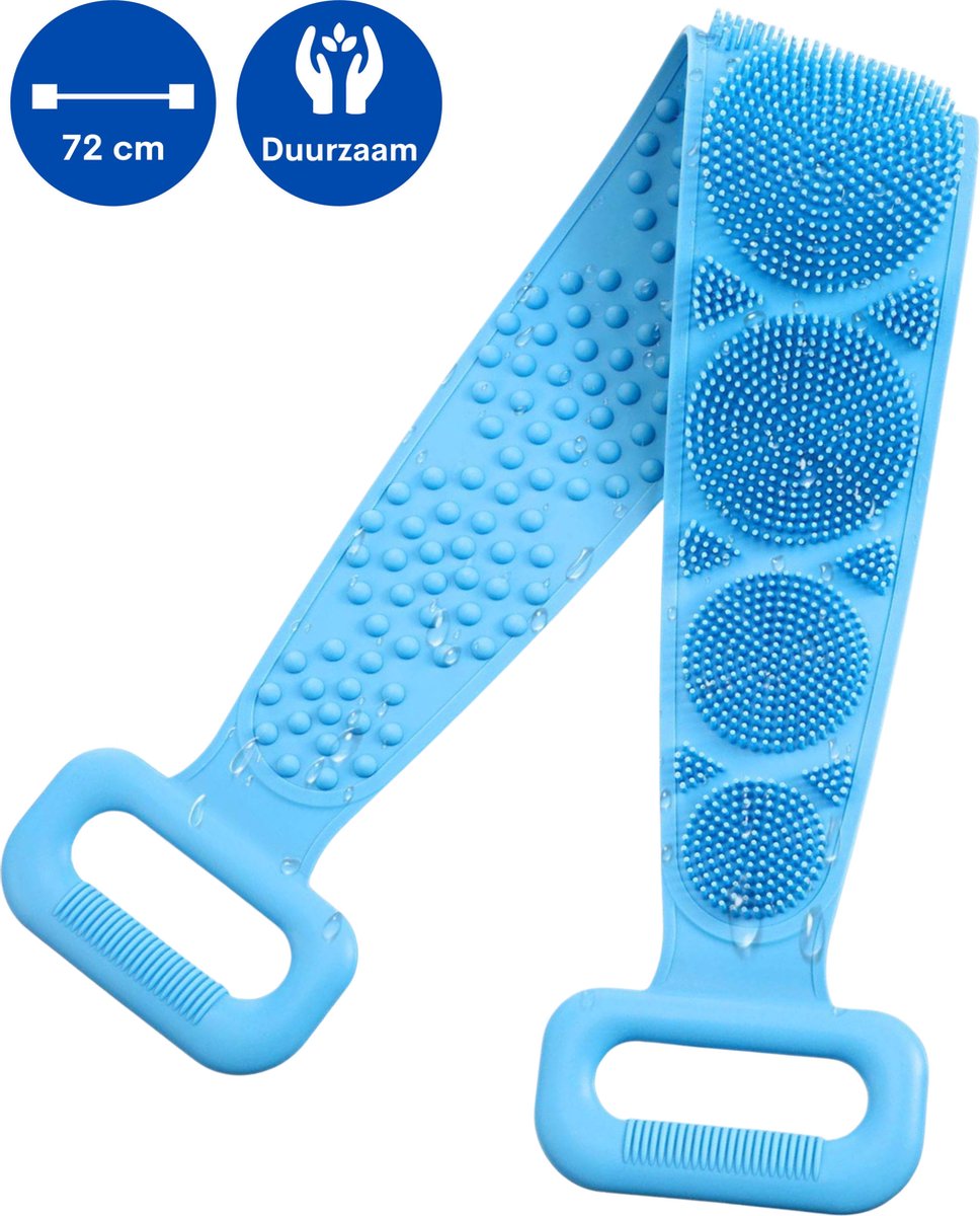 FLOOQ - Ergonomische - Rug scrubber – Dubbelzijdig Design - Doucheborstel – Lichaamsborstel – Massageborstel - Loofah – Rugborstel - Extra Lang – 72 cm – Zachte Borstels – Oneindig Herbruikbaar – Spons – Blauw
