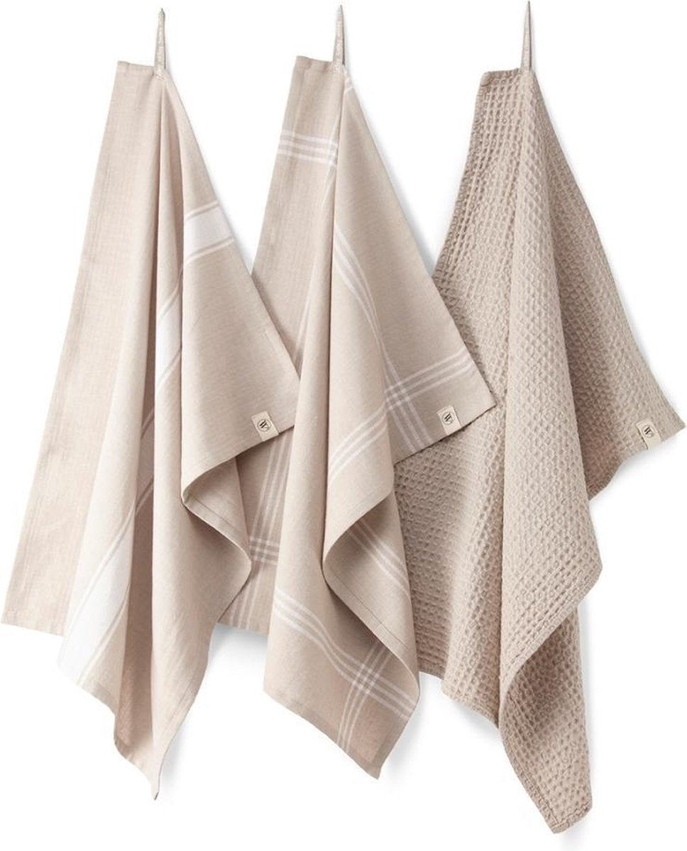 Walra Keuken- & Theedoekenset Blocks & Lines - 3x 50x70 - 100% Katoen - Zand