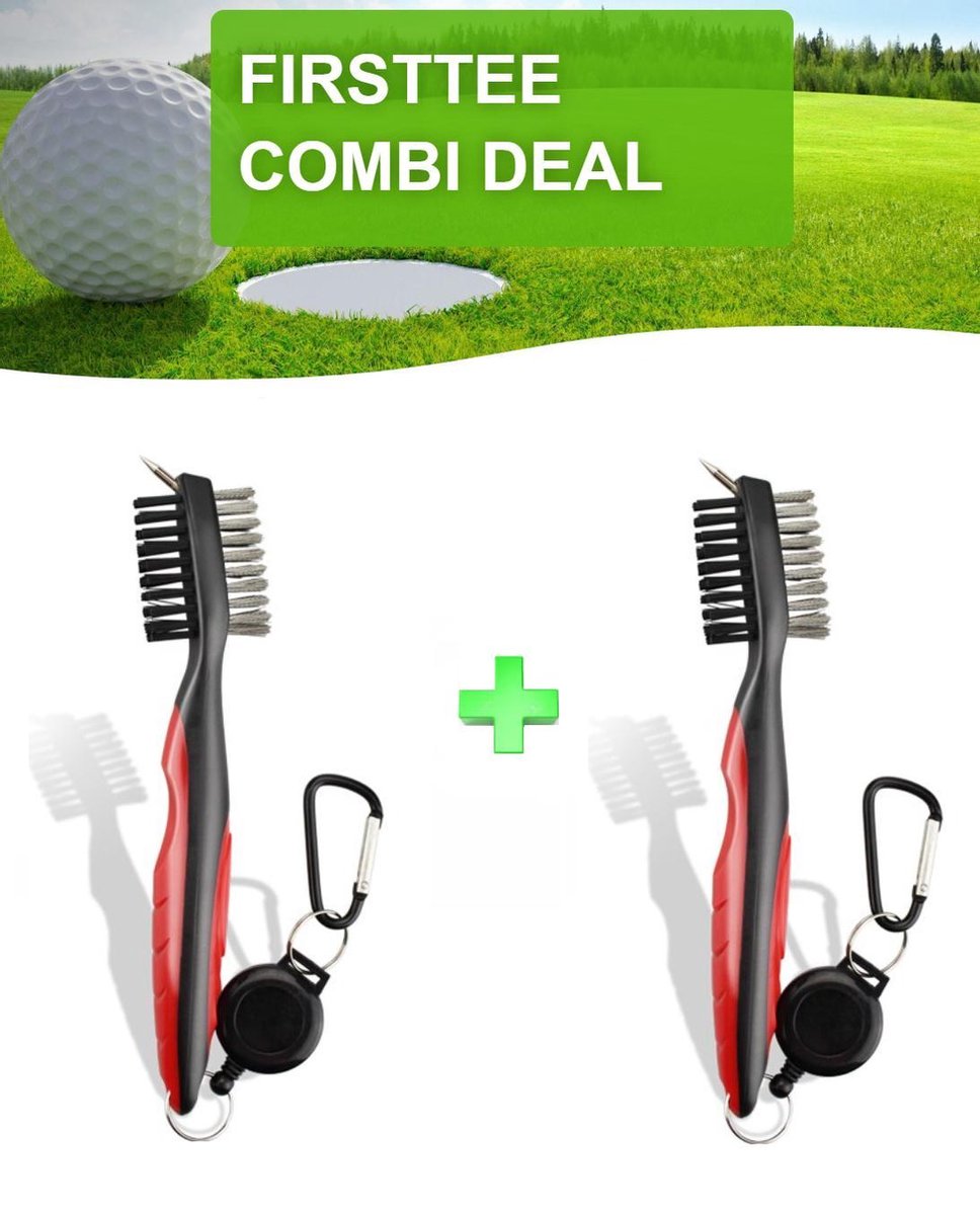 Firsttee - LUXE Schoonmaakborstel golfclub - 1+1 COMBI DEAL - INCL. ophangsysteem - Staal borstel - Schoonmaak Brush - Cleaner - Golf accessoires - Cadeau - Golfballen - Golftrainingsmateriaal - Sport - Training - Golfset - Trolley - Tees - Golftas