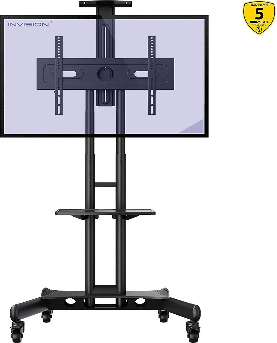 Invision® TV-standaard trolley voor grote schermen tot 65 inch | Mobiel scherm station met draagkracht tot 50 kg | Stabiele constructie met bescherming tegen omvallen | Monitorstandaard met wielen | TV standaard