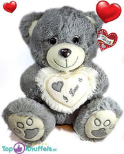 Grijze Teddybeer met wit hart ''I Love U'' 32 cm | knuffelbeer pluche knuffel love beer | Ik Hou Van Jou / I Love You bear | Beertje met hart liefde | Beer met hartje 32cm|Cadeau | Valentijn kado vrouw man