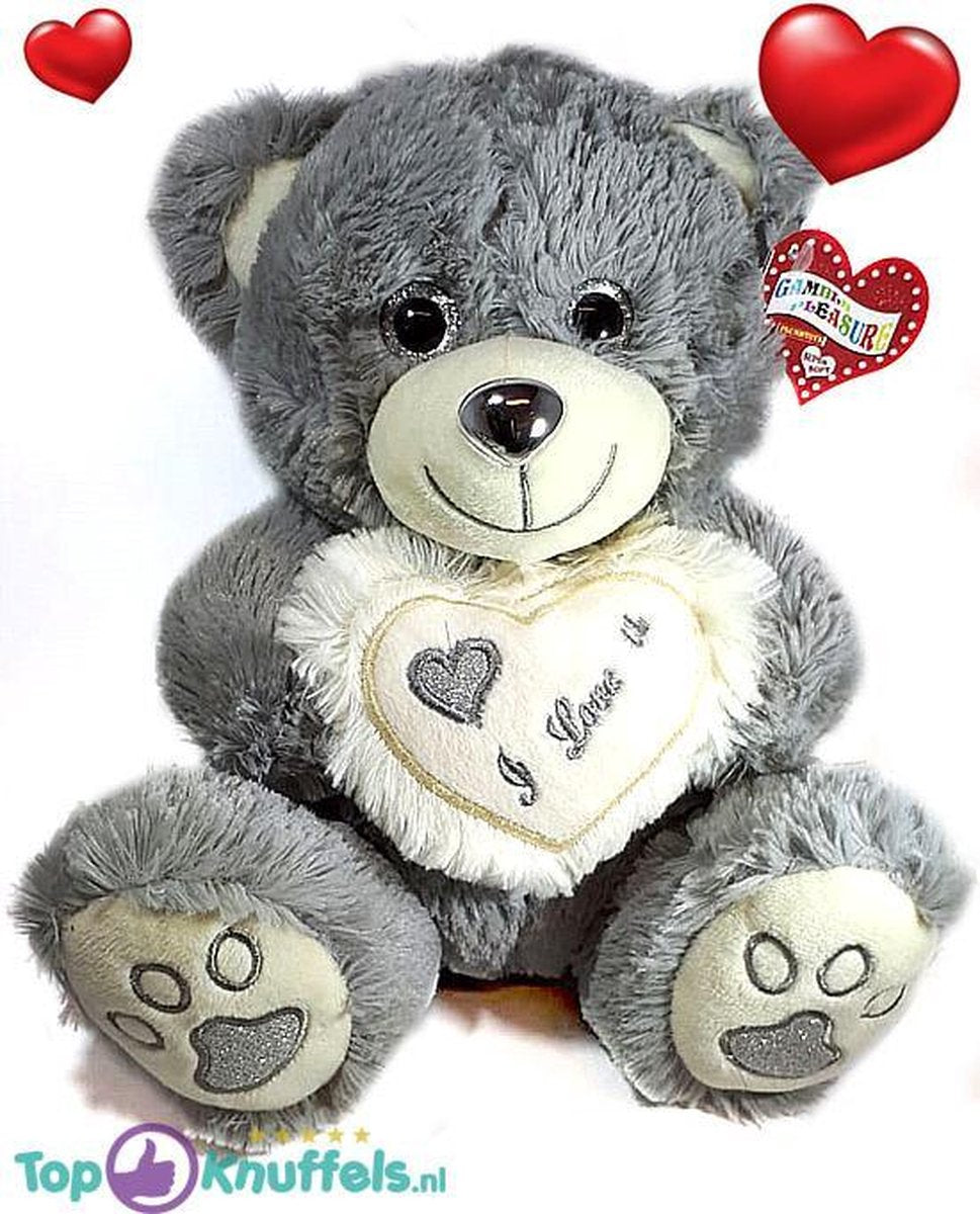 Grijze Teddybeer met wit hart ''I Love U'' 32 cm | knuffelbeer pluche knuffel love beer | Ik Hou Van Jou / I Love You bear | Beertje met hart liefde | Beer met hartje 32cm|Cadeau | Valentijn kado vrouw man