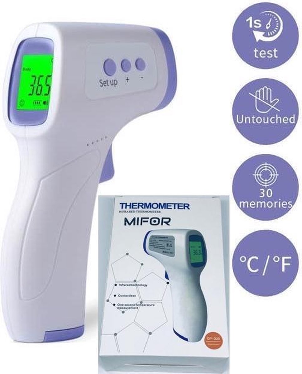 MIFOR - Voorhoofdthermometer - Professionele Infrarood Thermometer - GRATIS BATTERIJEN - 1 SECONDE METING - Display Kleurverandering bij verhoging