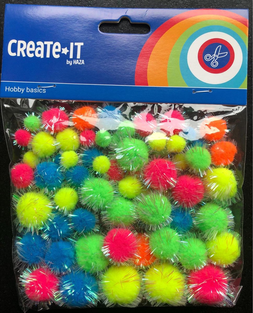 Pom pom glitter neon mix 75 stuks - 1-2-2