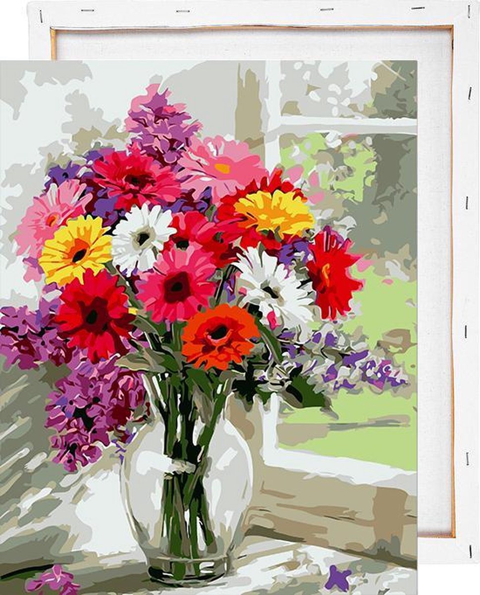 Gekleurde bloemen in glazen vaas - Schilderen op nummer - Met frame - 40x50 cm