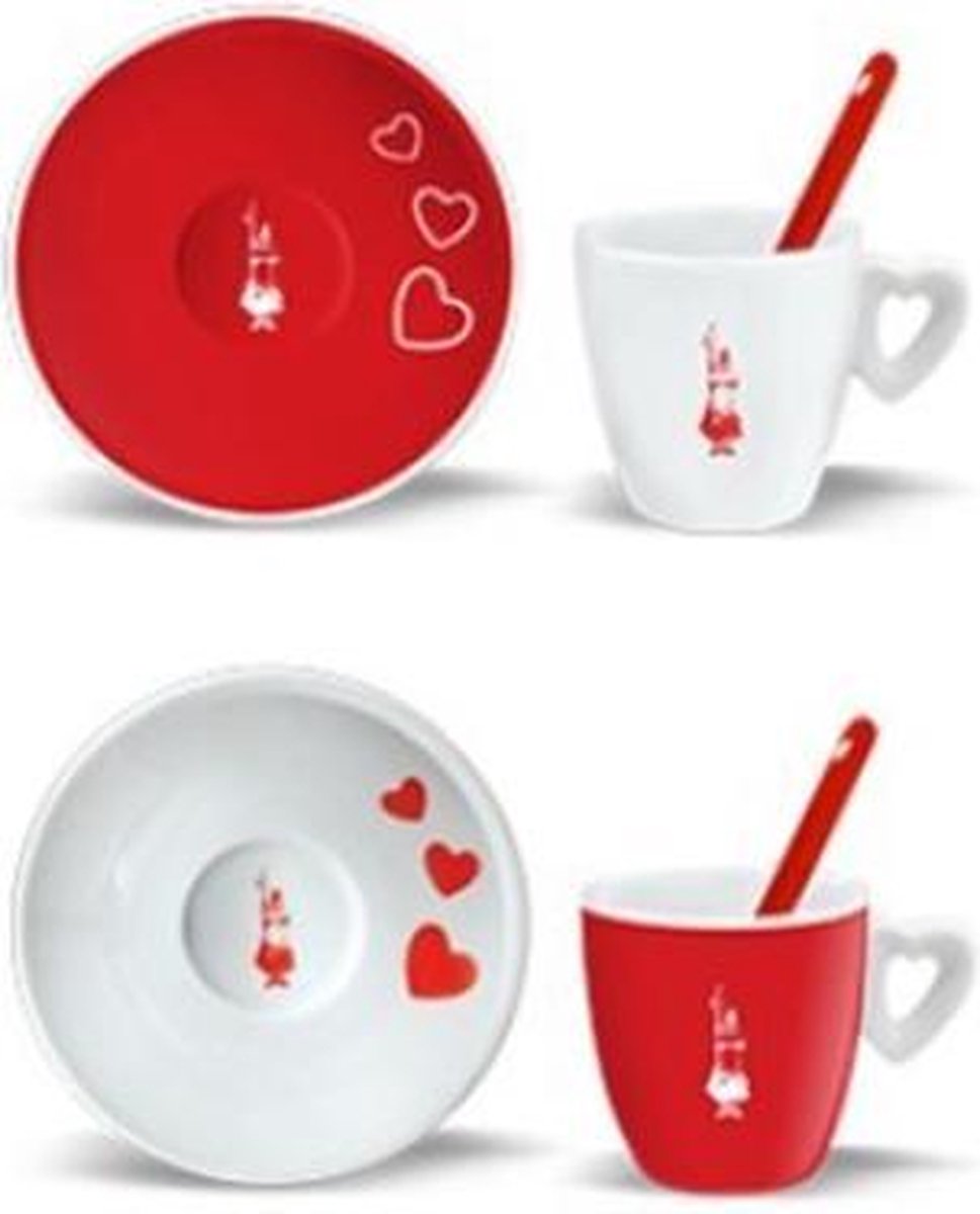 Bialetti Cuore Espresso kop en schotels rood/wit - set van 2 stuks
