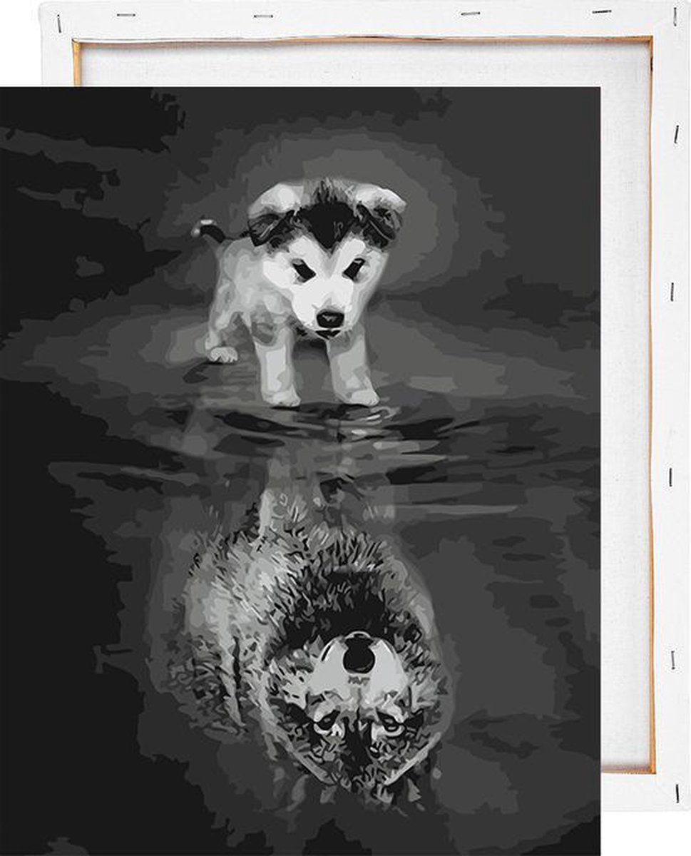 Puppy en wolf reflectie - Schilderen op nummer - Met frame - 40x50 cm