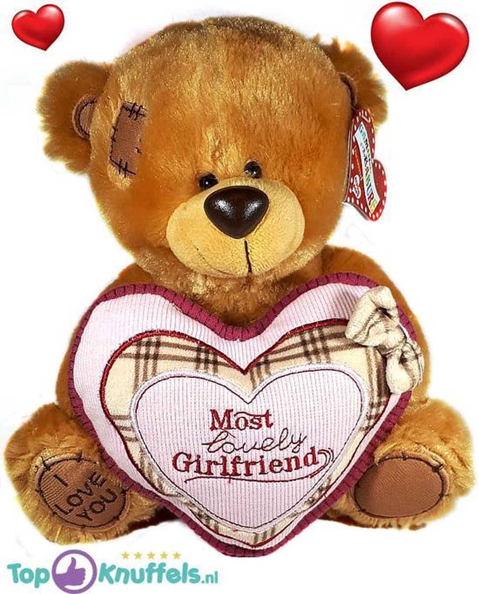 Bruine Teddybeer met roze hart ''Most Lovely Girlfriend'' 32 cm| knuffelbeer pluche knuffel love beer | Ik Hou Van Jou / I Love You bear | Beertje met hart liefde | Baby plush beer met hartje 32cm