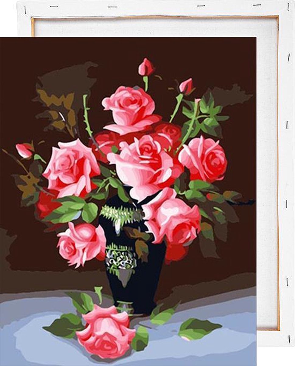 Rode rozen in vaas - Schilderen op nummer - Met frame - 40x50 cm