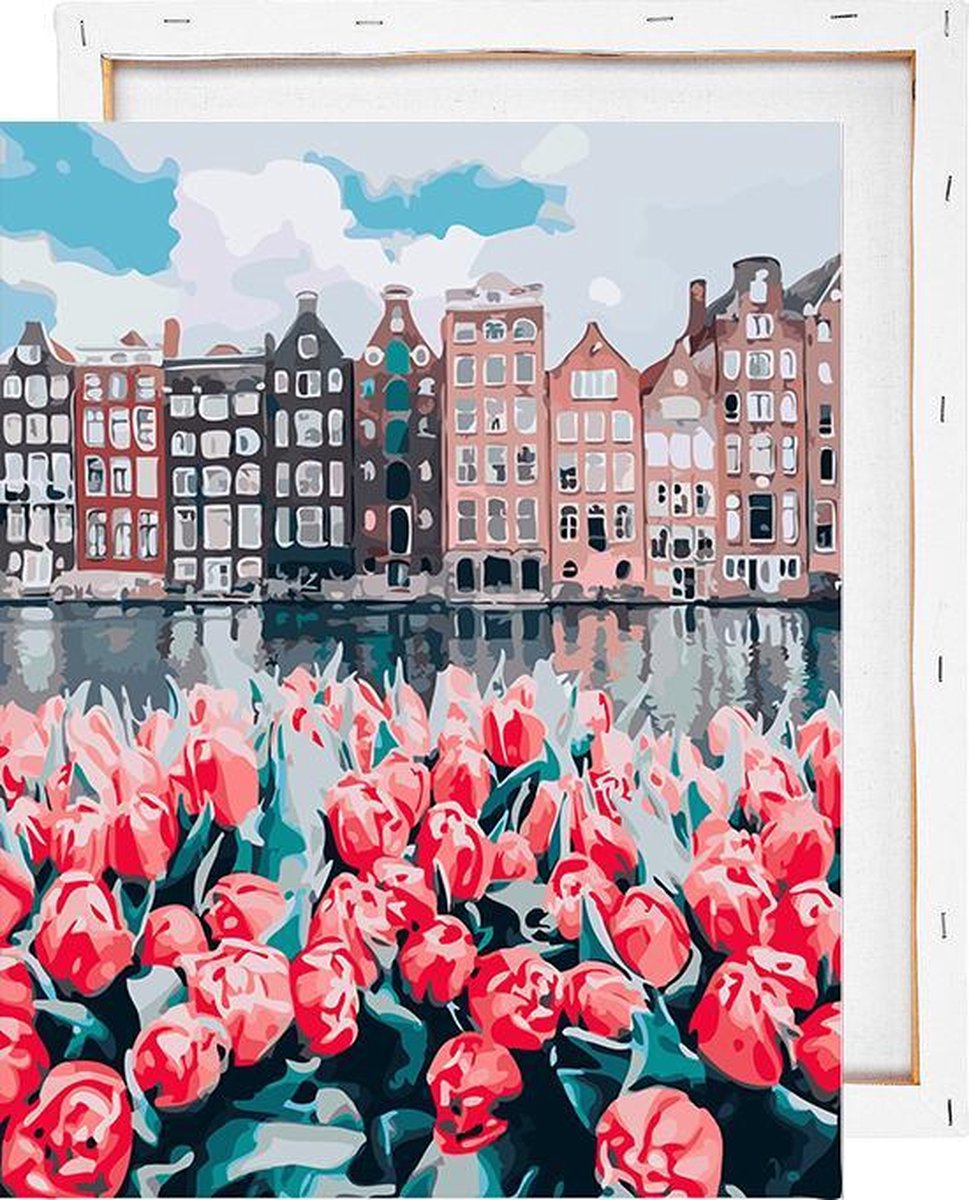Tulpen aan Amsterdamse gracht - Schilderen op nummer - Met frame - 40x50 cm